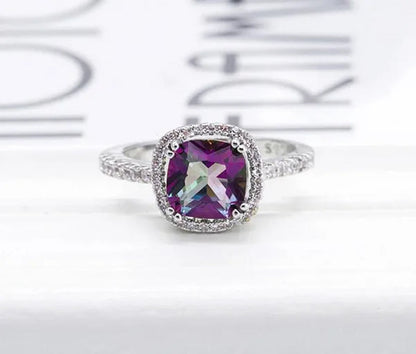 LUXURY 925 Sterling Silver Diamond Cut Square Mystic Fire Rainbow Topaz Cocktail Sapphire Ring FASHION NEW
