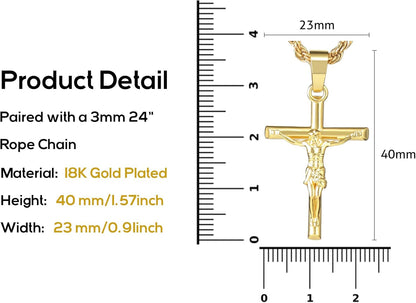 Crucifix Cross Necklace 18K Gold Plated Cross Pendant with 3Mm 22" Rope Chain for Men Women