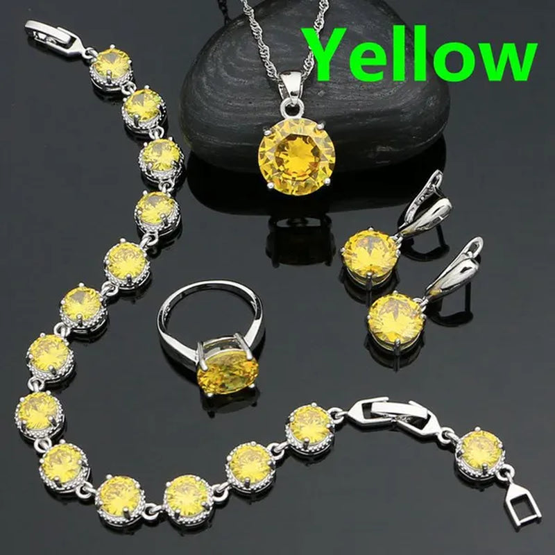 925 Sterling Silver Bridal Jewelry Sets Green Emerald Drop Earrings Ring Pendant Necklace Bracelet 4Pcs Birthday Gift for Women - WORLD TIME VISITS