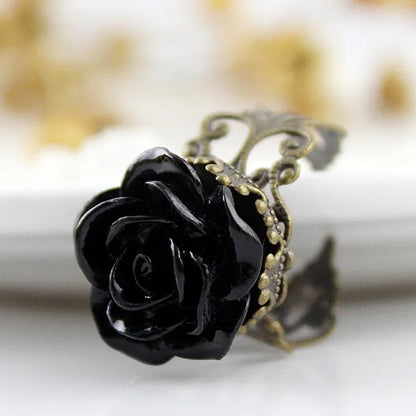 Vintage Jewelry Wholesale Hot Selling Promotion Bronze Alloy Gothic Black Rhinestone Rose Rings for Women