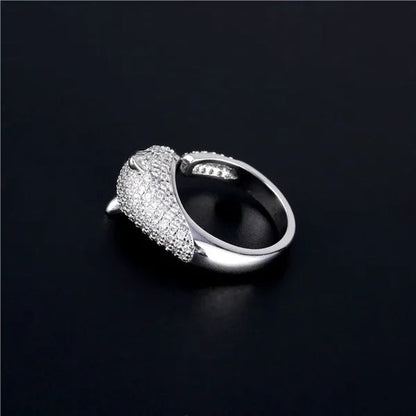 Fashion Rings Personality 925 Sterling Silver Plated Jaguar Rings with Green Rhinestone Eyes Animal