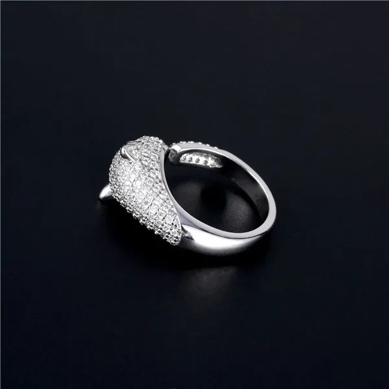 Fashion Rings Personality 925 Sterling Silver Plated Jaguar Rings with Green Rhinestone Eyes Animal