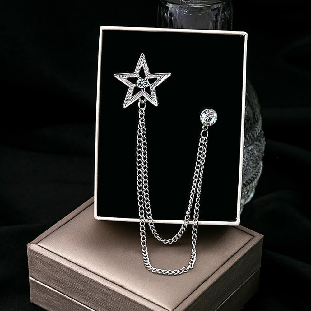 Vintage Star Long Chain Lapel Brooch Pin with Hanging Tassel Rhinestone CZ Button Pins for Women Men Suit Dress Tuxedo Tie Shirt Jacket Backpack Jewelry Gifts for Bridegroom