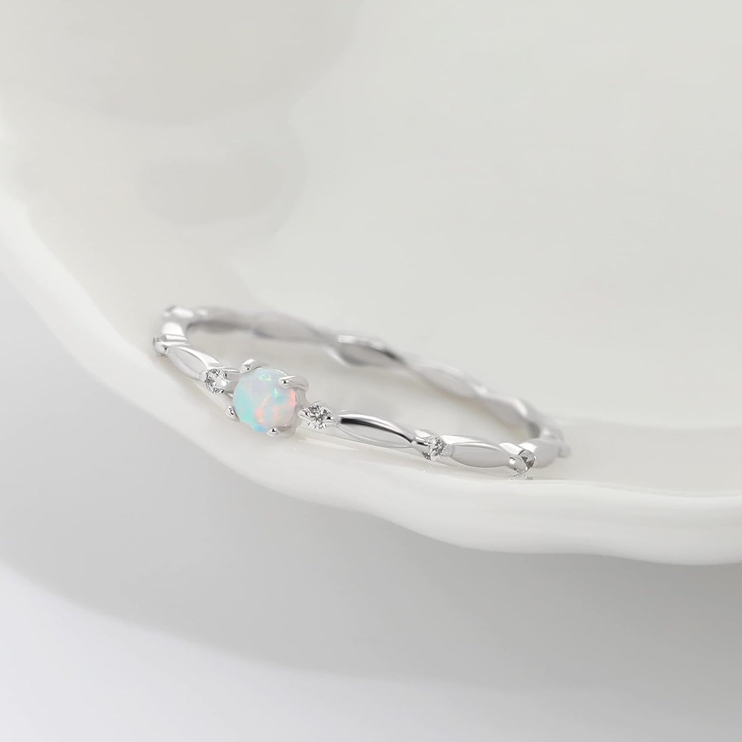 Sterling Silver Opal Ring for Women White Fire Opal October Birthstone Dainty Minimalist Stackable Ring Gold Promise Ring Size 5-9 (Rose Gold, 6.5)