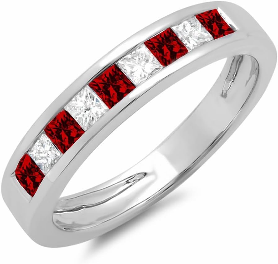 10K Gold Princess Cut Garnet & White Diamond Ladies Anniversary Wedding Band Stackable Ring - WORLD TIME VISITS