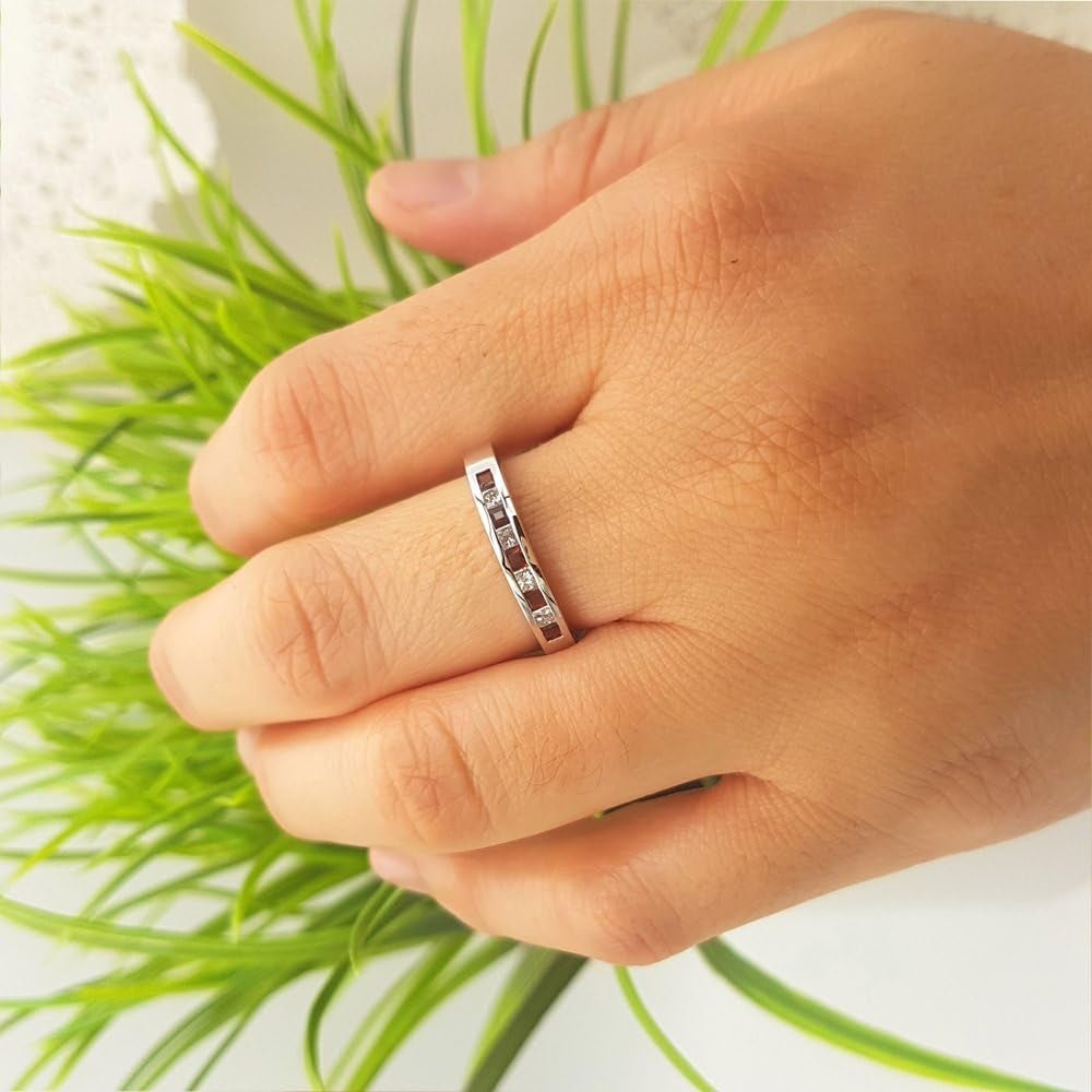 10K Gold Princess Cut Garnet & White Diamond Ladies Anniversary Wedding Band Stackable Ring