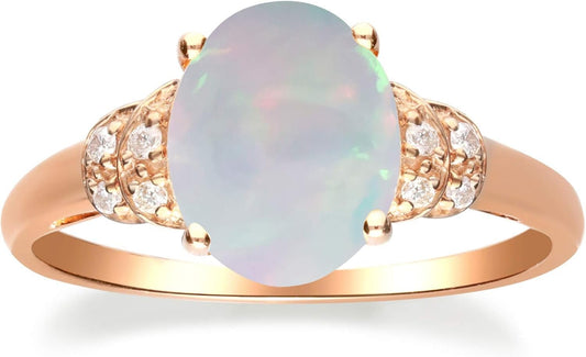 10K Rose Gold Natural Ethiopian Opal Ring with Real Diamonds for Women | Ethically, Authentically & Organically Sourced (Oval) Shaped Opal Hand - Crafted Jewelry for Her | Opal Ring for Women - WORLD TIME VISITS