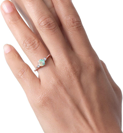 10K Rose Gold White Simulated Opal White Created Sapphire and Diamond Accent 3-Stone Engagement Ring for Women (0.89 Cttw, round Cabochon 6MM, Gemstone October Birthstone)