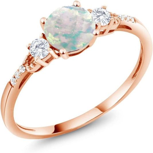 10K Rose Gold White Simulated Opal White Created Sapphire and Diamond Accent 3 - Stone Engagement Ring for Women (0.89 Cttw, round Cabochon 6MM, Gemstone October Birthstone) - WORLD TIME VISITS