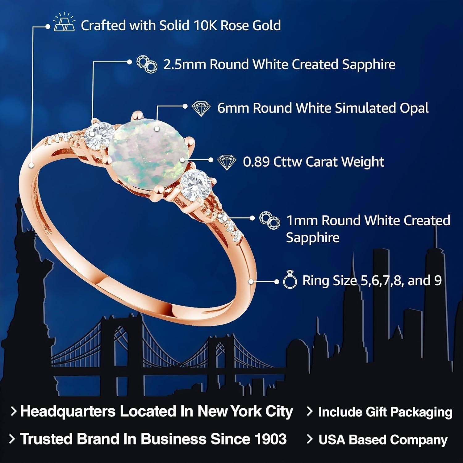 10K Rose Gold White Simulated Opal White Created Sapphire and Diamond Accent 3 - Stone Engagement Ring for Women (0.89 Cttw, round Cabochon 6MM, Gemstone October Birthstone) - WORLD TIME VISITS