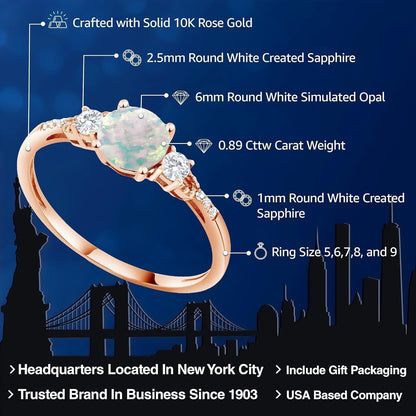 10K Rose Gold White Simulated Opal White Created Sapphire and Diamond Accent 3 - Stone Engagement Ring for Women (0.89 Cttw, round Cabochon 6MM, Gemstone October Birthstone) - WORLD TIME VISITS