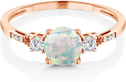 10K Rose Gold White Simulated Opal White Created Sapphire and Diamond Accent 3-Stone Engagement Ring for Women (0.89 Cttw, round Cabochon 6MM, Gemstone October Birthstone)