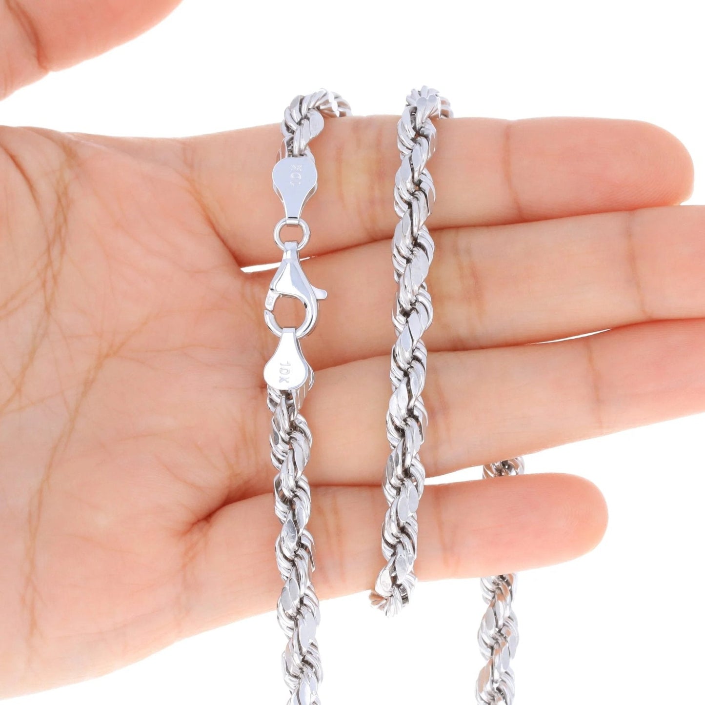 10K White Gold 5Mm Rope Chain Diamond Cut Pendant Necklace, Mens Jewelry 18" - 30"
