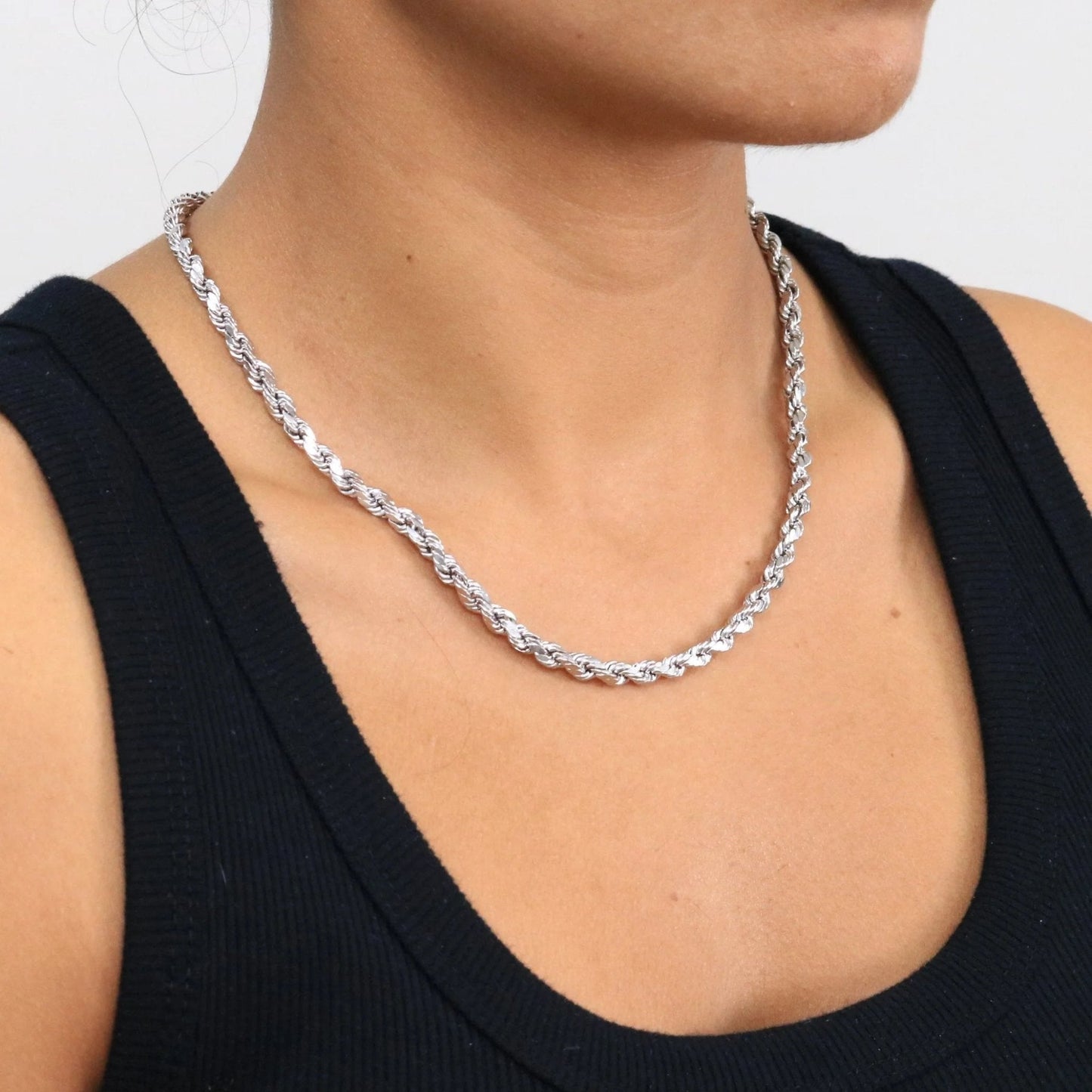 10K White Gold 5Mm Rope Chain Diamond Cut Pendant Necklace, Mens Jewelry 18" - 30"