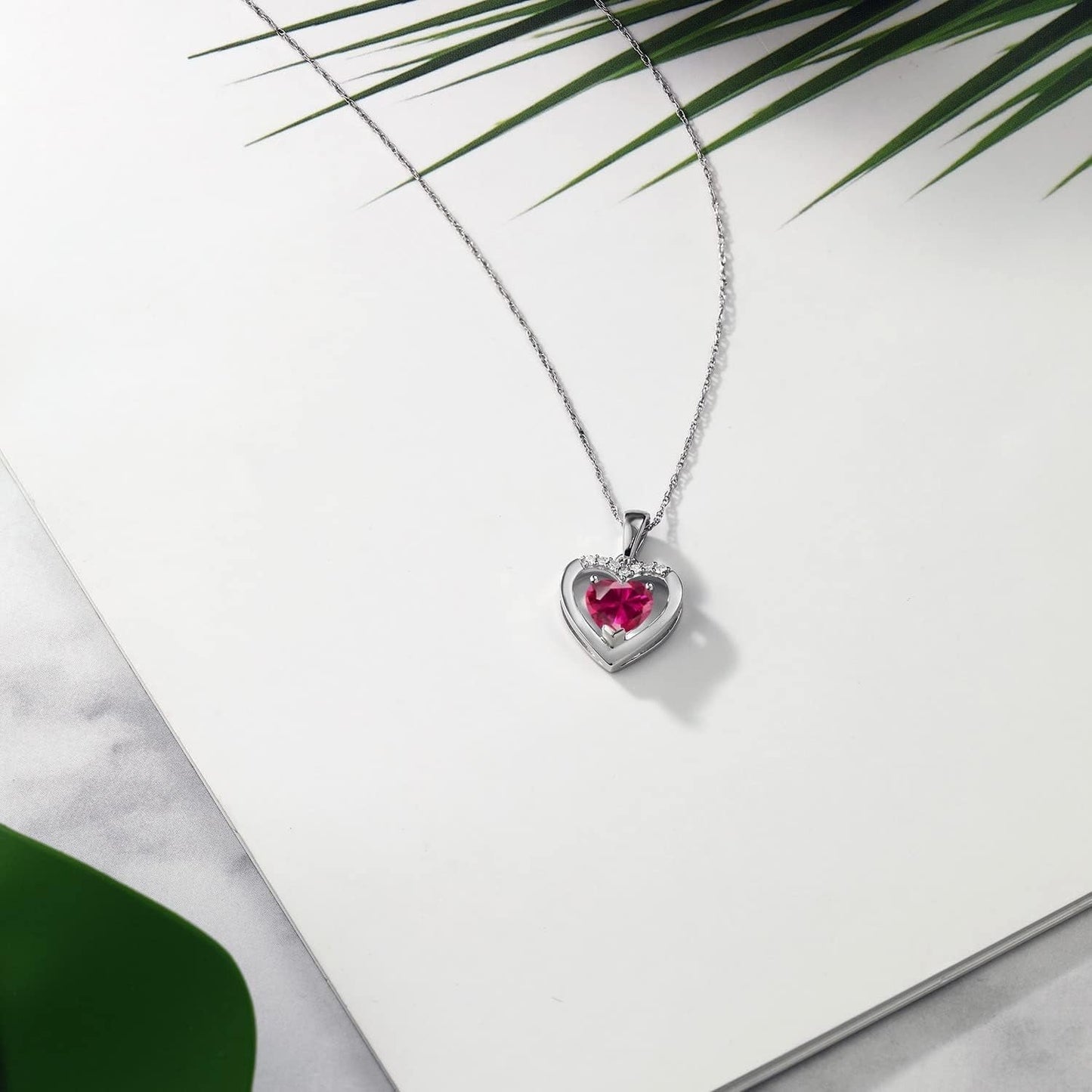 10K White Gold 6MM Heart Shape Gemstone Birthstone and White Diamond Pendant Necklace | Gold Necklace for Women | with 18 Inch Chain
