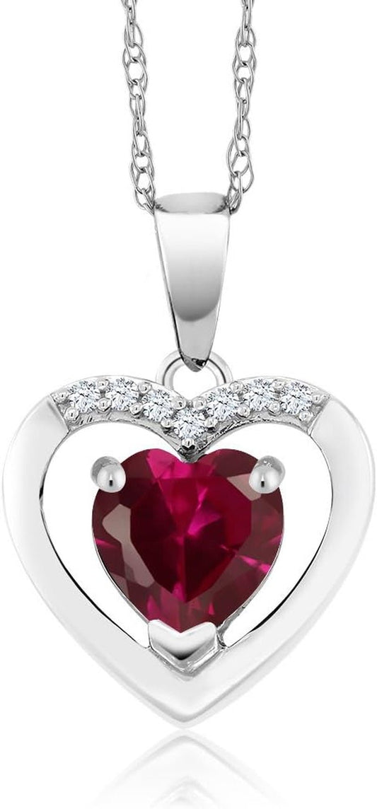 10K White Gold 6MM Heart Shape Gemstone Birthstone and White Diamond Pendant Necklace | Gold Necklace for Women | with 18 Inch Chain - WORLD TIME VISITS