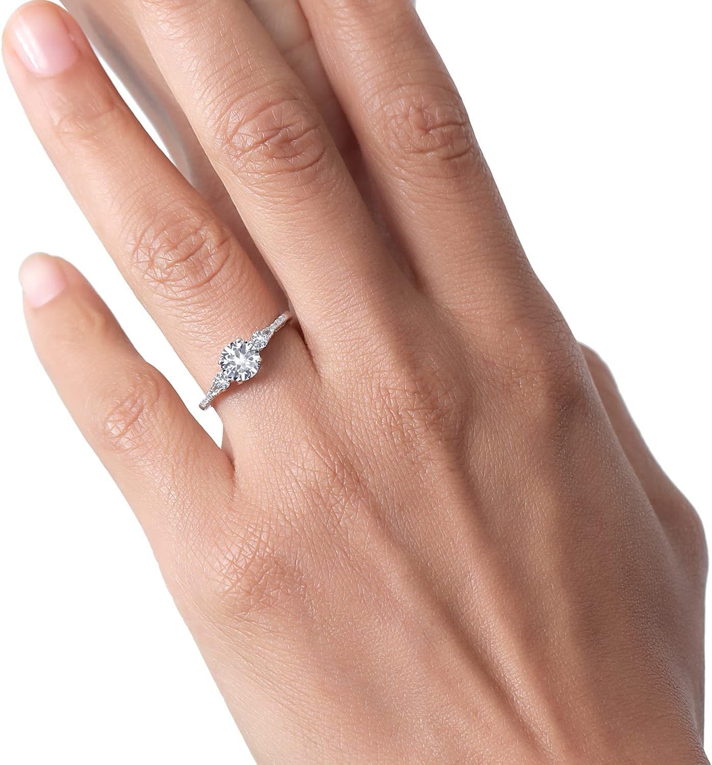 10K White Gold 6MM round Gemstone Birthstone White Created Sapphire & White Diamond Accent 3-Stone Engagement Ring | Three-Stone Wedding Anniversary Promise Ring for Women