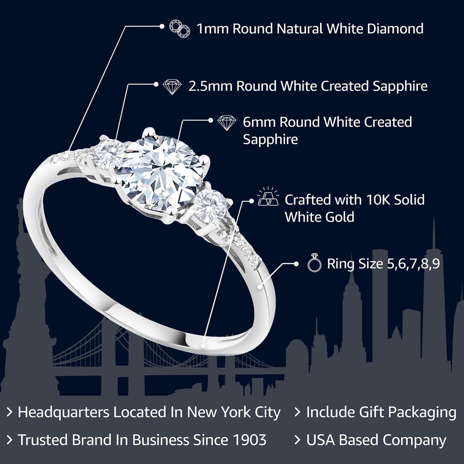 10K White Gold 6MM round Gemstone Birthstone White Created Sapphire & White Diamond Accent 3 - Stone Engagement Ring | Three - Stone Wedding Anniversary Promise Ring for Women - WORLD TIME VISITS