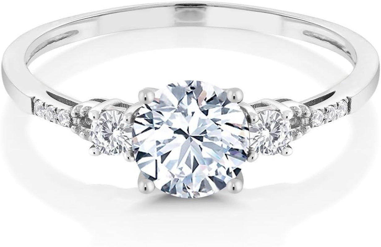 10K White Gold 6MM round Gemstone Birthstone White Created Sapphire & White Diamond Accent 3-Stone Engagement Ring | Three-Stone Wedding Anniversary Promise Ring for Women