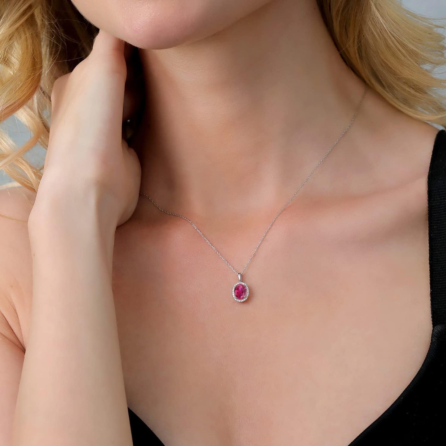 10K White Gold Gemstone Birthstone and White Diamond Necklace | Halo Pendant Necklace for Women | Oval 8X6MM | White Gold Necklace | with 18 Inch Chain
