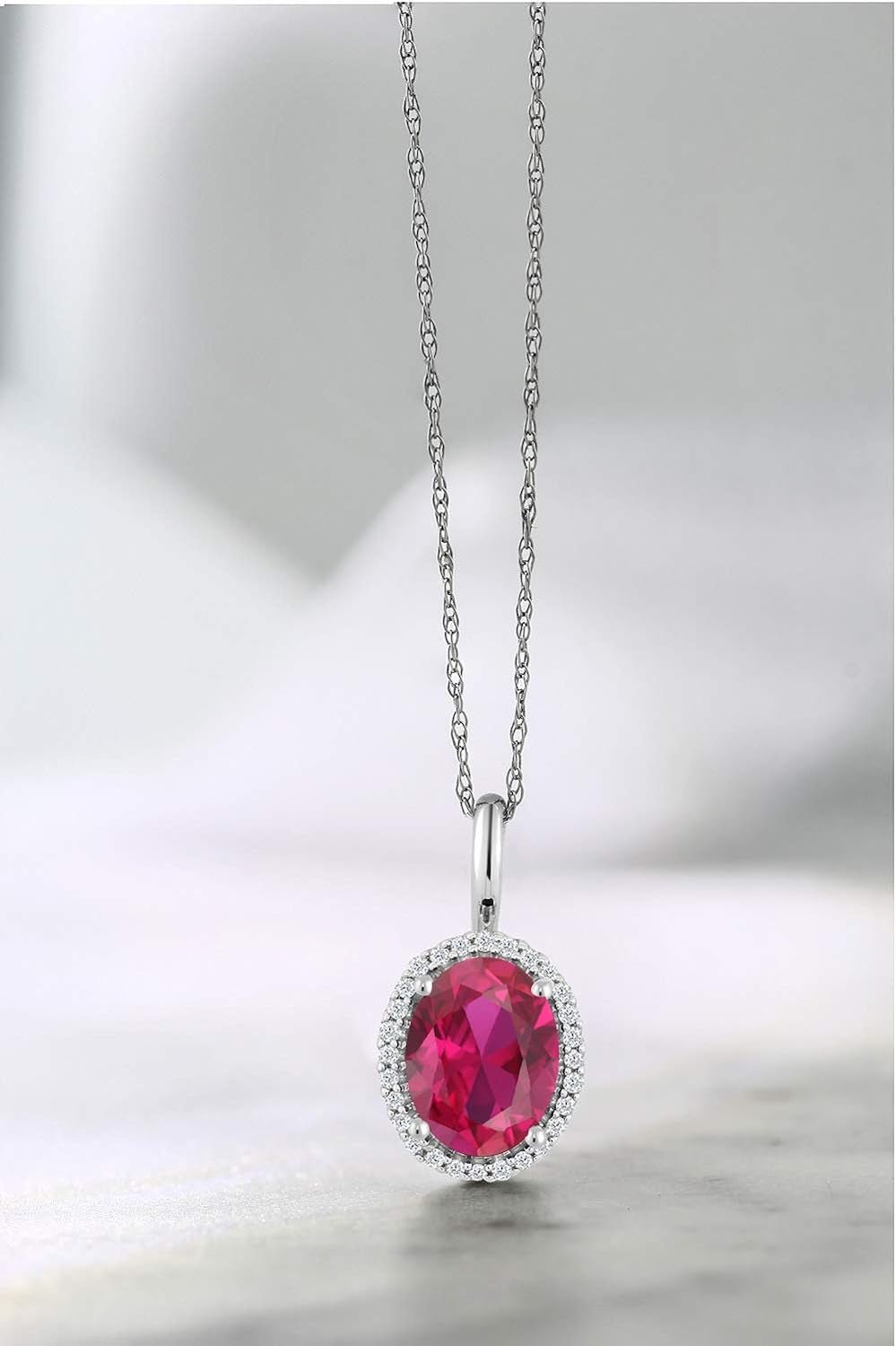 10K White Gold Gemstone Birthstone and White Diamond Necklace | Halo Pendant Necklace for Women | Oval 8X6MM | White Gold Necklace | with 18 Inch Chain