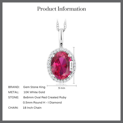 10K White Gold Gemstone Birthstone and White Diamond Necklace | Halo Pendant Necklace for Women | Oval 8X6MM | White Gold Necklace | with 18 Inch Chain