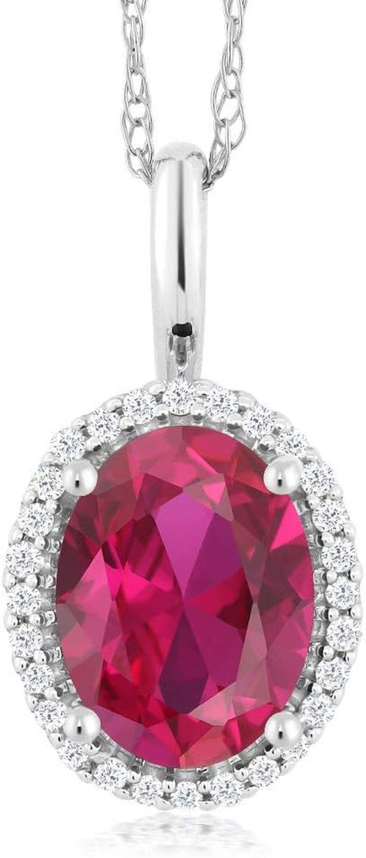 10K White Gold Gemstone Birthstone and White Diamond Necklace | Halo Pendant Necklace for Women | Oval 8X6MM | White Gold Necklace | with 18 Inch Chain - WORLD TIME VISITS