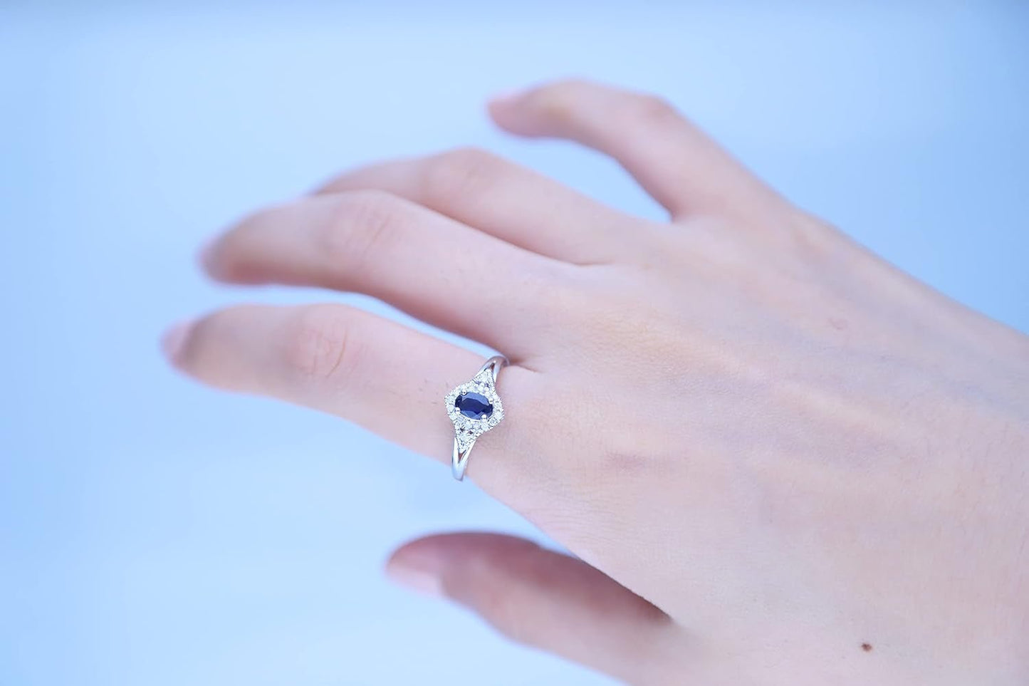 10K White Gold Genuine Blue Sapphire Ring with Diamonds for Women | Ethically, Authentically & Organically Sourced (Oval-Cut) Shaped Sapphire Hand-Crafted Jewelry for Her | Sapphire Ring for Women