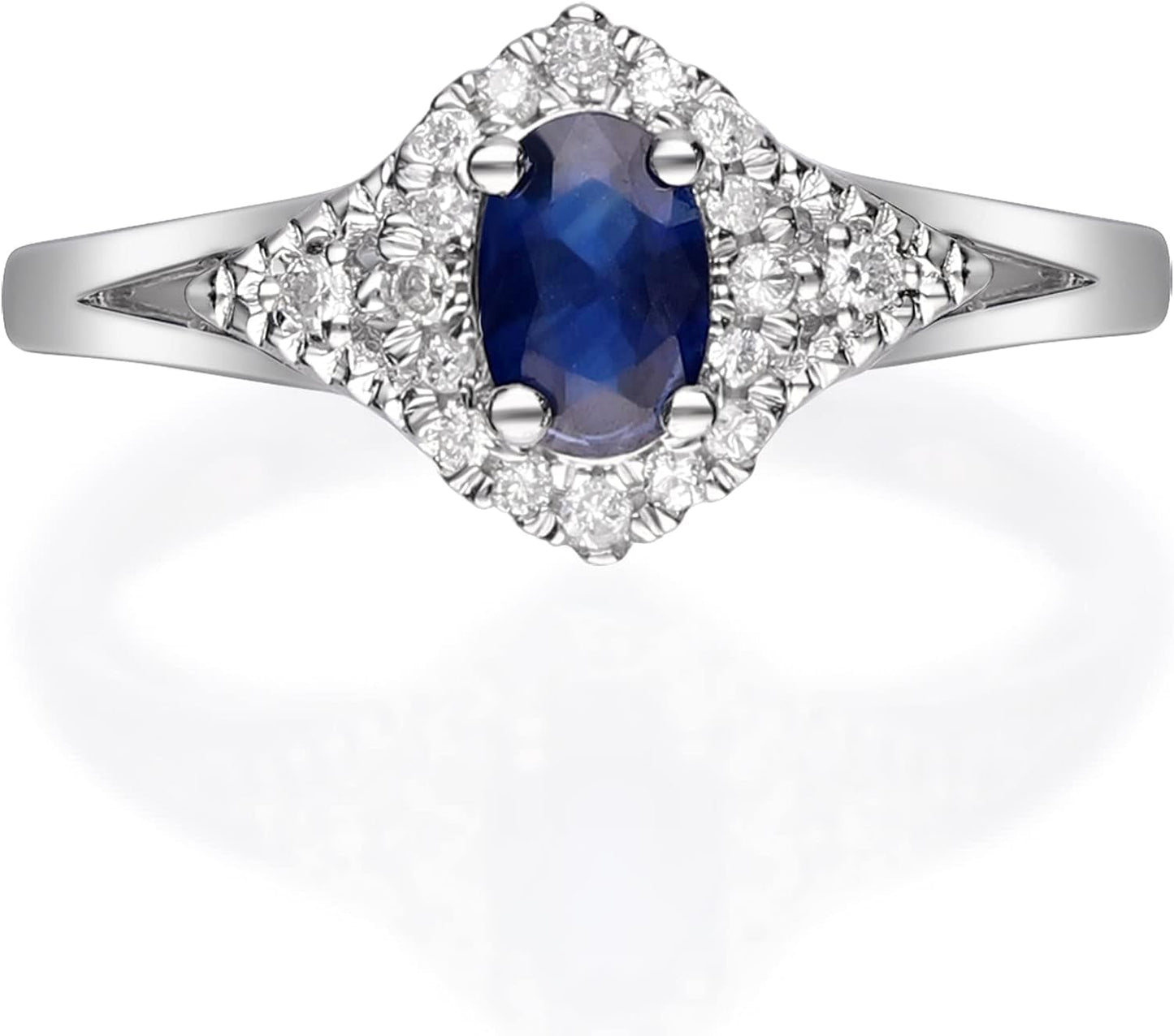 10K White Gold Genuine Blue Sapphire Ring with Diamonds for Women | Ethically, Authentically & Organically Sourced (Oval - Cut) Shaped Sapphire Hand - Crafted Jewelry for Her | Sapphire Ring for Women - WORLD TIME VISITS
