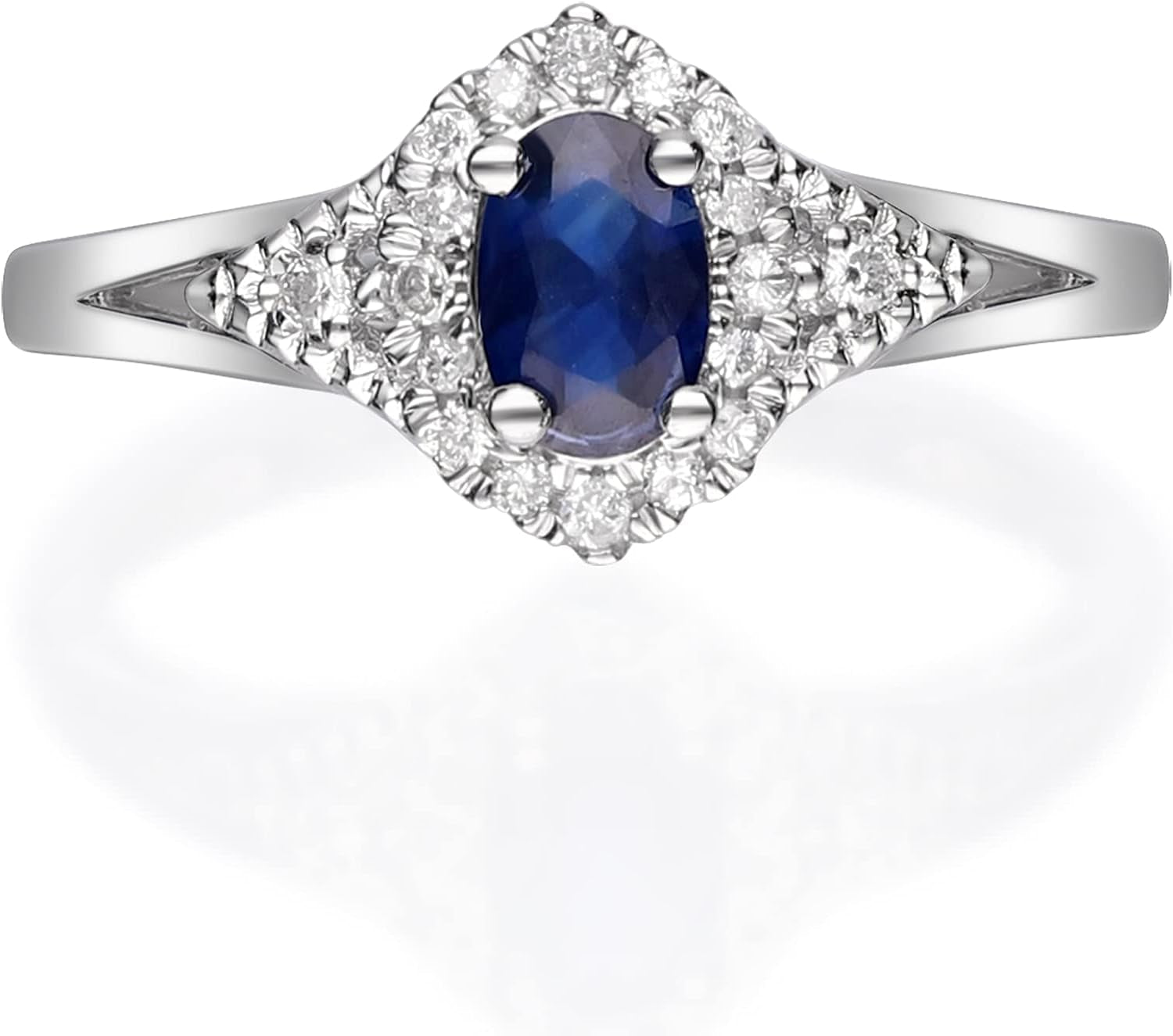10K White Gold Genuine Blue Sapphire Ring with Diamonds for Women | Ethically, Authentically & Organically Sourced (Oval - Cut) Shaped Sapphire Hand - Crafted Jewelry for Her | Sapphire Ring for Women - WORLD TIME VISITS