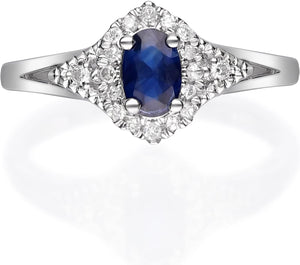 10K White Gold Genuine Blue Sapphire Ring with Diamonds for Women | Ethically, Authentically & Organically Sourced (Oval-Cut) Shaped Sapphire Hand-Crafted Jewelry for Her | Sapphire Ring for Women