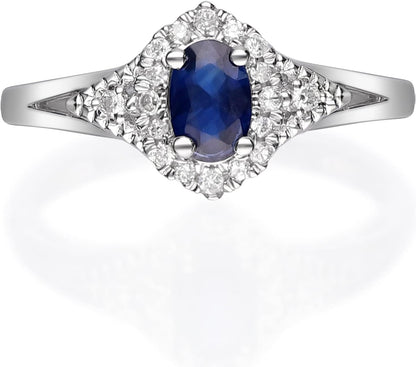 10K White Gold Genuine Blue Sapphire Ring with Diamonds for Women | Ethically, Authentically & Organically Sourced (Oval - Cut) Shaped Sapphire Hand - Crafted Jewelry for Her | Sapphire Ring for Women - WORLD TIME VISITS