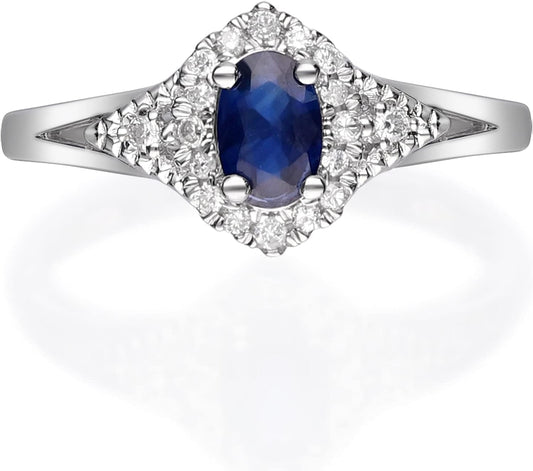 10K White Gold Genuine Blue Sapphire Ring with Diamonds for Women | Ethically, Authentically & Organically Sourced (Oval - Cut) Shaped Sapphire Hand - Crafted Jewelry for Her | Sapphire Ring for Women - WORLD TIME VISITS