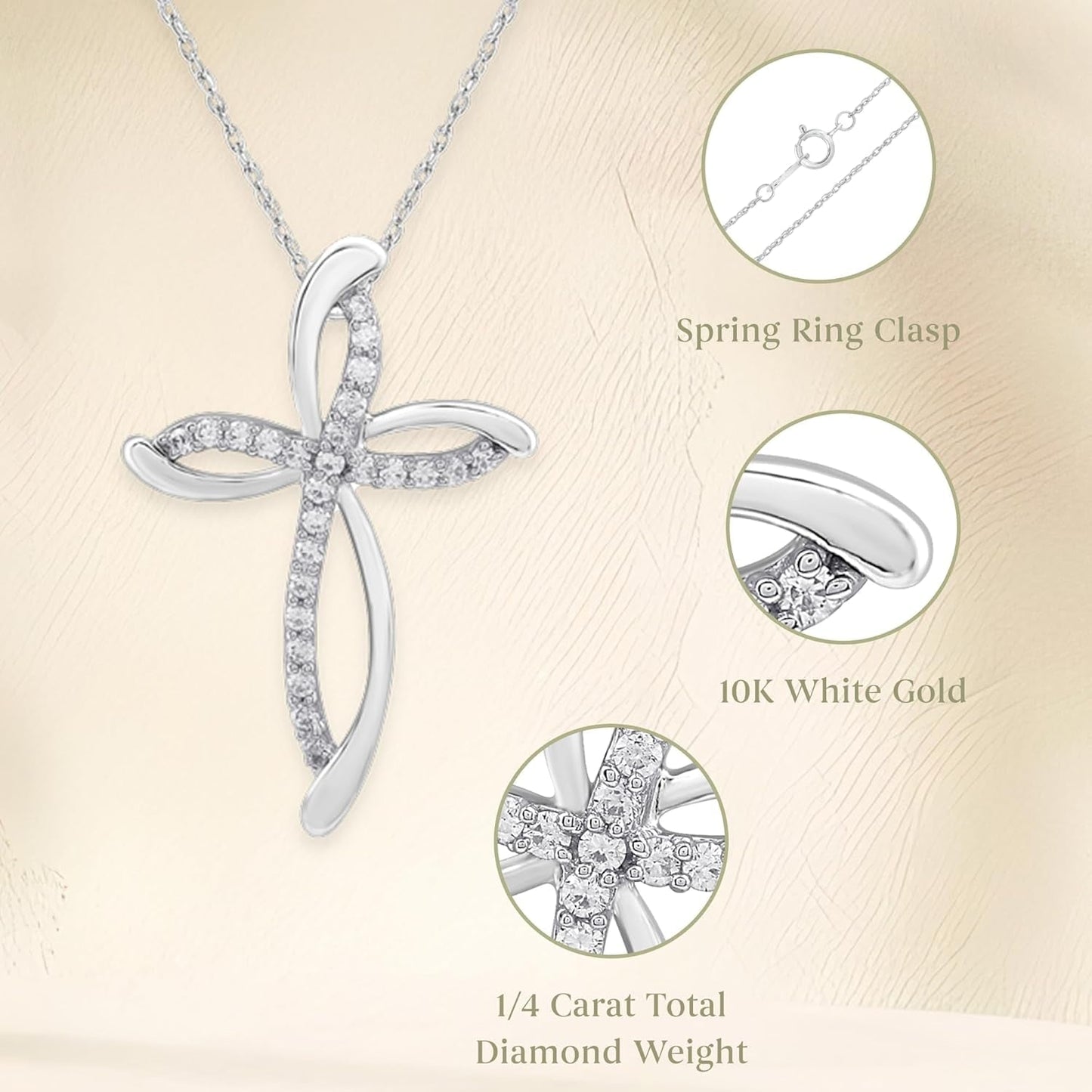 10K White Gold Necklace for Women with Natural Round - Cut Diamond and Swirl Cross Pendant - Necklace, 18" Rope Chain, 925 Sterling Silver Necklace and 18" Cable Chain, 1/4 Carat Total Weight Diamonds & Elegant Gift Box Included - WORLD TIME VISITS