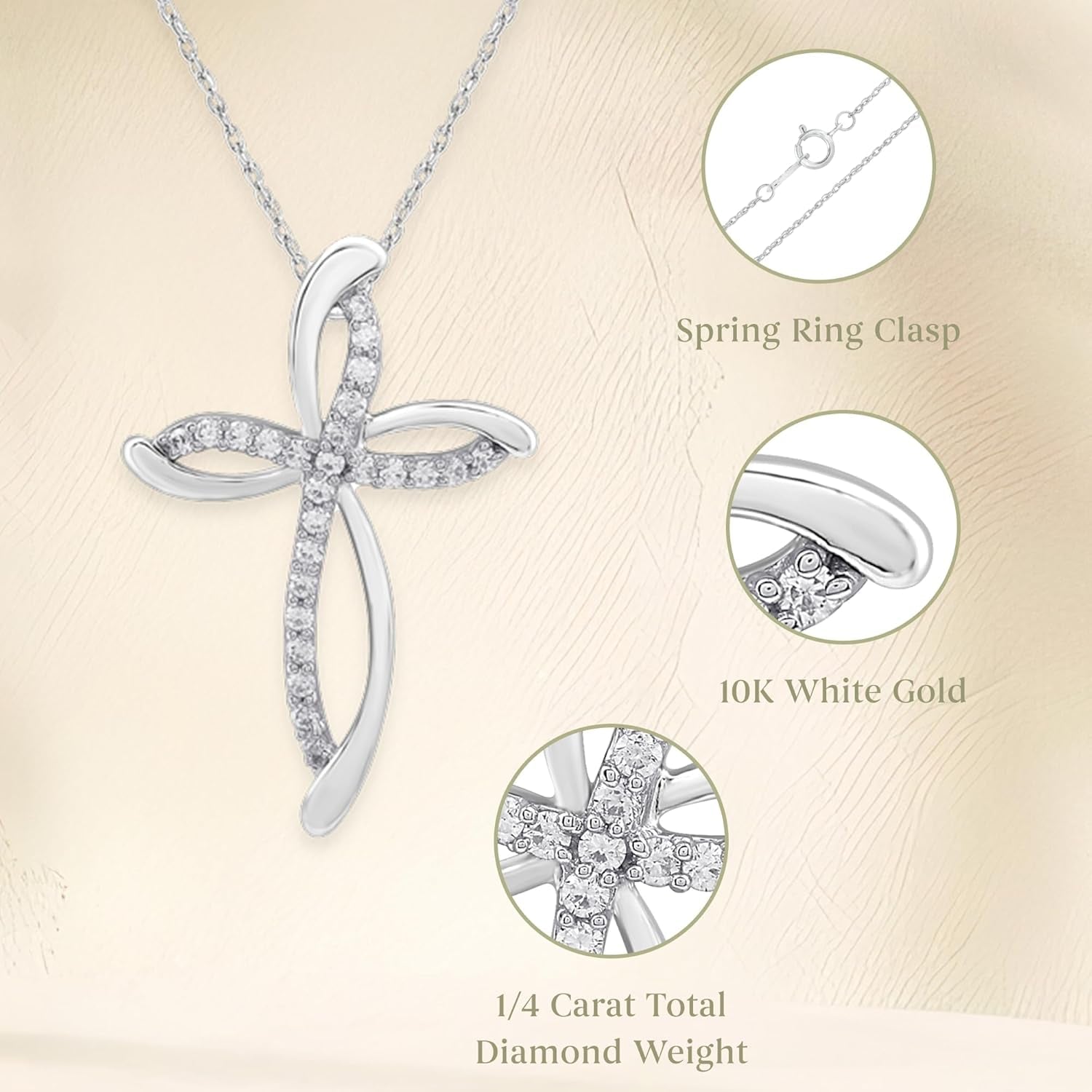 10K White Gold Necklace for Women with Natural Round - Cut Diamond and Swirl Cross Pendant - Necklace, 18" Rope Chain, 925 Sterling Silver Necklace and 18" Cable Chain, 1/4 Carat Total Weight Diamonds & Elegant Gift Box Included - WORLD TIME VISITS