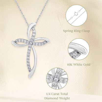 10K White Gold Necklace for Women with Natural Round - Cut Diamond and Swirl Cross Pendant - Necklace, 18" Rope Chain, 925 Sterling Silver Necklace and 18" Cable Chain, 1/4 Carat Total Weight Diamonds & Elegant Gift Box Included - WORLD TIME VISITS