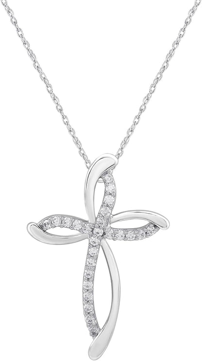 10K White Gold Necklace for Women with Natural Round - Cut Diamond and Swirl Cross Pendant - Necklace, 18" Rope Chain, 925 Sterling Silver Necklace and 18" Cable Chain, 1/4 Carat Total Weight Diamonds & Elegant Gift Box Included - WORLD TIME VISITS
