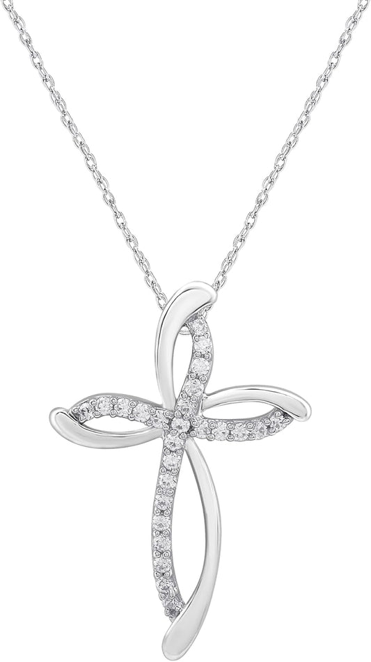 10K White Gold Necklace for Women with Natural Round - Cut Diamond and Swirl Cross Pendant - Necklace, 18" Rope Chain, 925 Sterling Silver Necklace and 18" Cable Chain, 1/4 Carat Total Weight Diamonds & Elegant Gift Box Included - WORLD TIME VISITS
