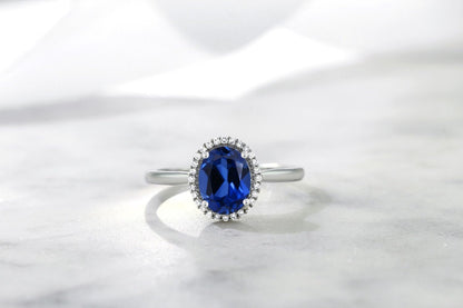 10K White Gold Oval Gemstone Birthstone and White Diamond Halo Engagement Ring | Oval 8X6MM | Wedding Anniversary Promise White Gold Ring for Women