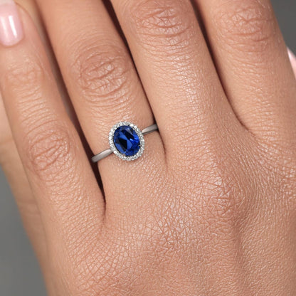 10K White Gold Oval Gemstone Birthstone and White Diamond Halo Engagement Ring | Oval 8X6MM | Wedding Anniversary Promise White Gold Ring for Women