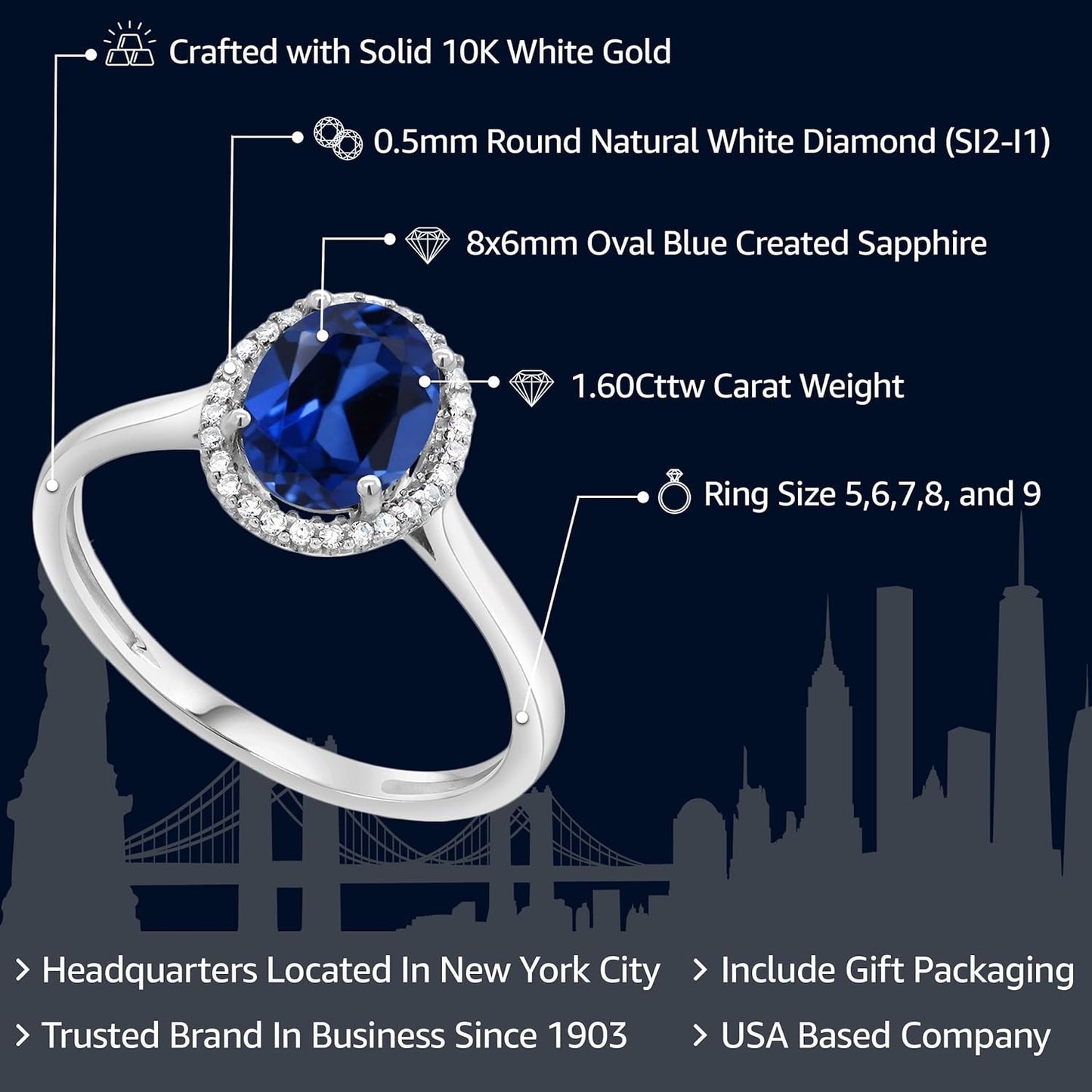 10K White Gold Oval Gemstone Birthstone and White Diamond Halo Engagement Ring | Oval 8X6MM | Wedding Anniversary Promise White Gold Ring for Women - WORLD TIME VISITS