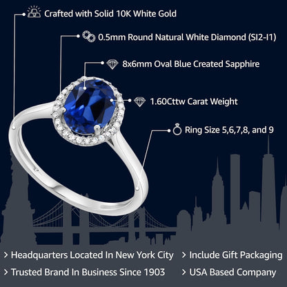 10K White Gold Oval Gemstone Birthstone and White Diamond Halo Engagement Ring | Oval 8X6MM | Wedding Anniversary Promise White Gold Ring for Women - WORLD TIME VISITS