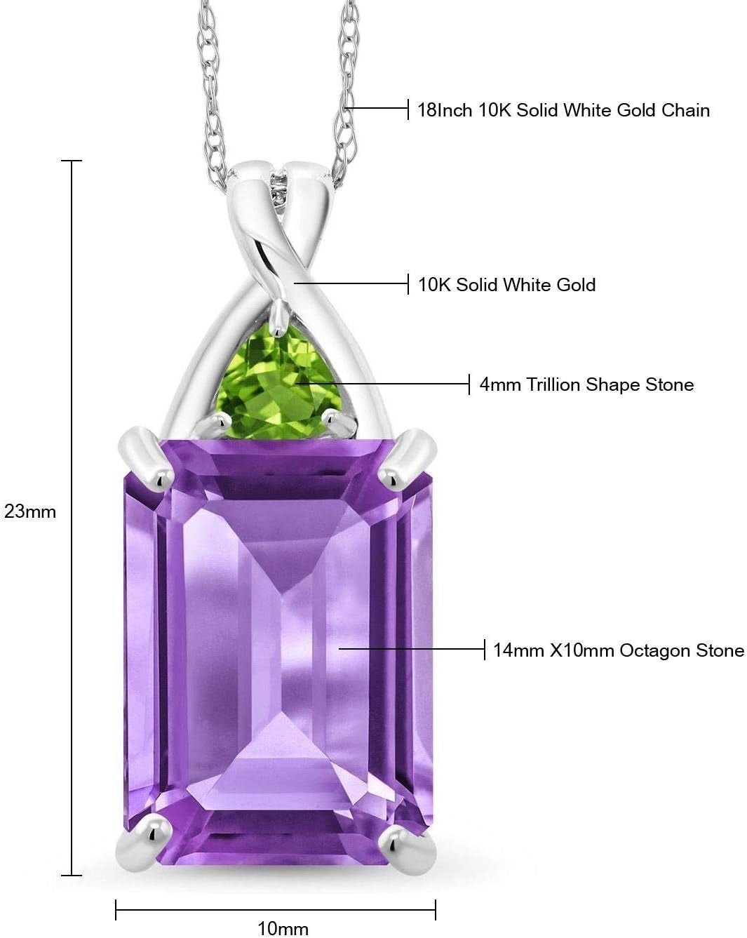 10K White Gold Purple Amethyst and Green Peridot Pendant Necklace, 7.26 Ct Emerald Cut with 18 Inch Chain