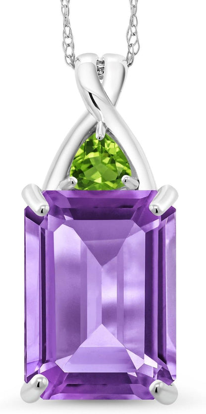 10K White Gold Purple Amethyst and Green Peridot Pendant Necklace, 7.26 Ct Emerald Cut with 18 Inch Chain - WORLD TIME VISITS