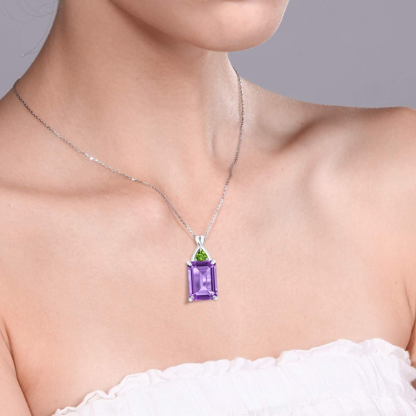 10K White Gold Purple Amethyst and Green Peridot Pendant Necklace, 7.26 Ct Emerald Cut with 18 Inch Chain