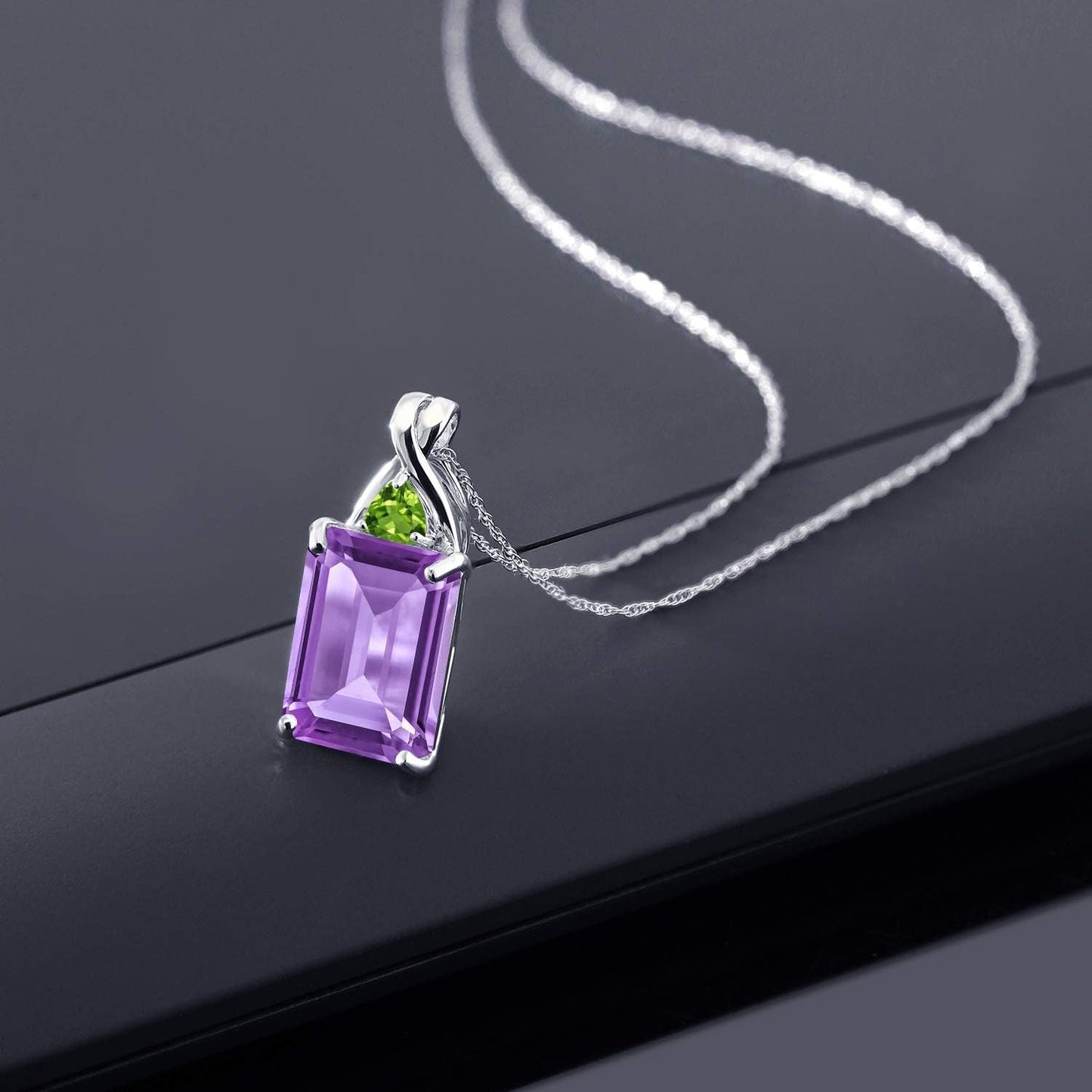 10K White Gold Purple Amethyst and Green Peridot Pendant Necklace, 7.26 Ct Emerald Cut with 18 Inch Chain