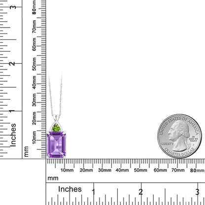 10K White Gold Purple Amethyst and Green Peridot Pendant Necklace, 7.26 Ct Emerald Cut with 18 Inch Chain