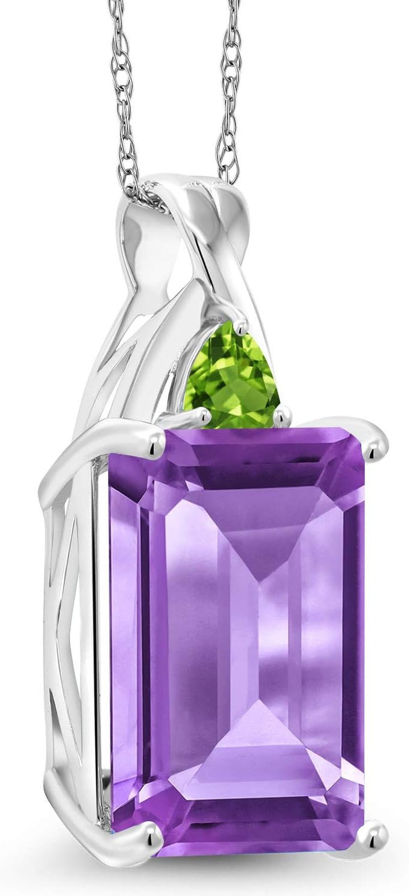 10K White Gold Purple Amethyst and Green Peridot Pendant Necklace, 7.26 Ct Emerald Cut with 18 Inch Chain - WORLD TIME VISITS