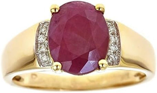 10K Yellow Gold 3Ct Genuine Opaque Ruby Ring with Diamonds for Women | Ethically, Authentically & Organically Sourced (Oval) Shaped Ruby Hand - Crafted Jewelry for Her | Ruby Ring for Women - WORLD TIME VISITS