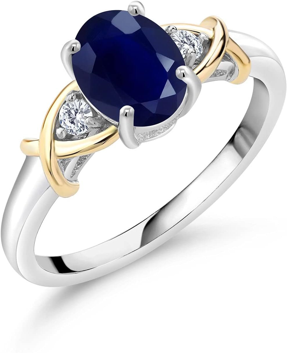 10K Yellow Gold and 925 Sterling Silver Blue Sapphire and White Lab Grown Diamond Engagement Ring for Women | 1.88 Cttw | Oval 8X6MM | Ring Size 5 - 9 - WORLD TIME VISITS